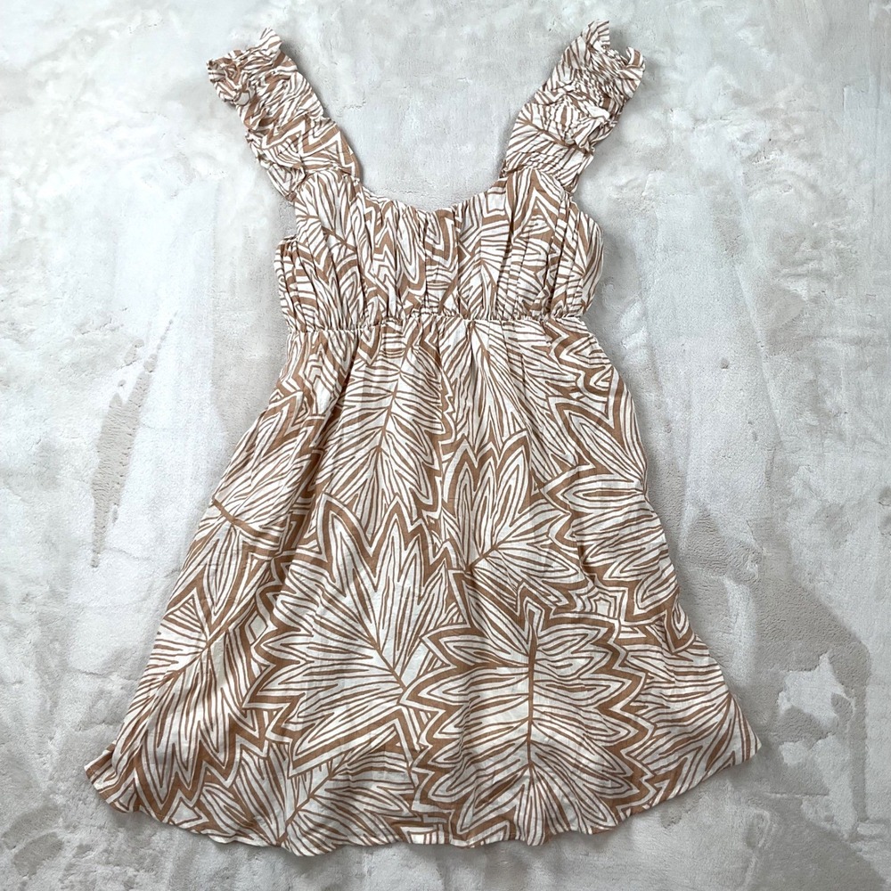 Blu Pepper Khaki Tropical Leaf Ruffle Strap Empire Waist Mini Dress Medium NEW